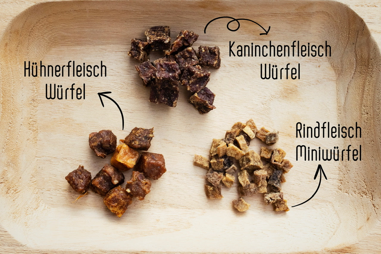 Unsere neuen Fleischwürfel aus Rind-, Huhn- und Kaninchenfleisch