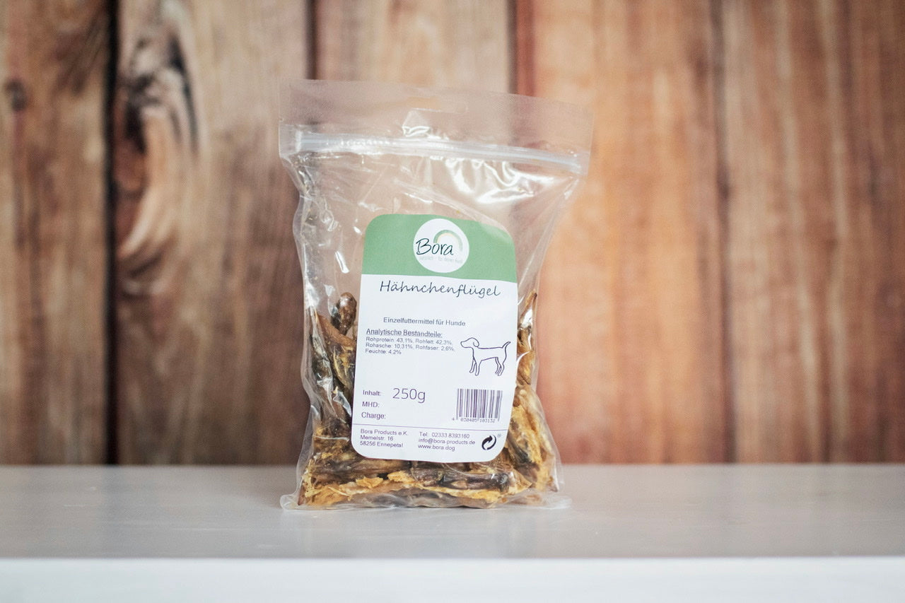 Hähnchenflügel für Hunde in unserer einfachen, zu 100% recycelbaren Verpackung