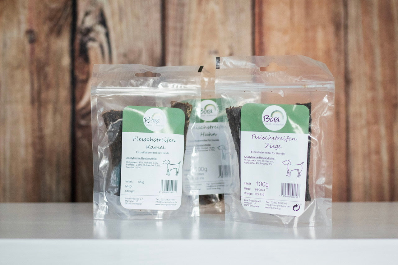 Fleischstreifen für Hunde in unserer einfachen, zu 100% recycelbaren Verpackung