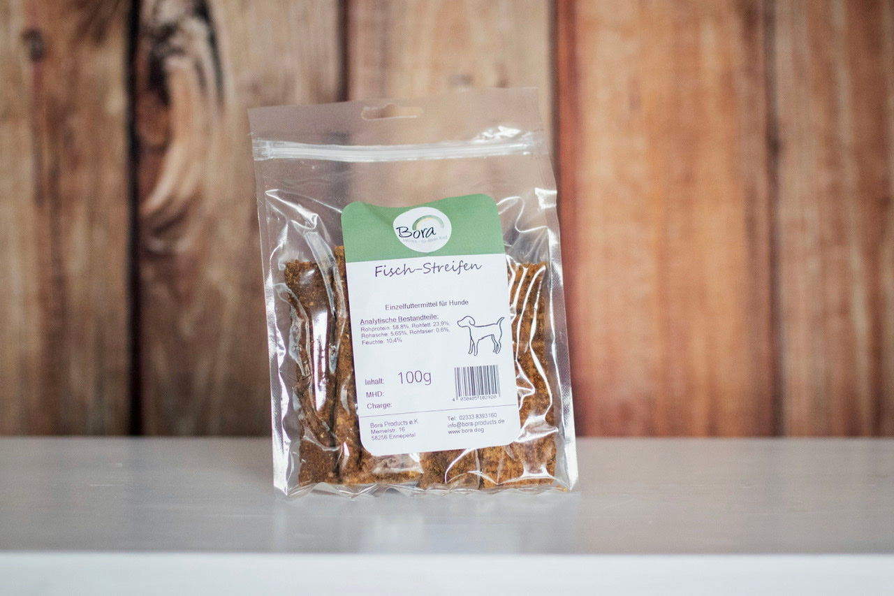 Fisch-Streifen für Hunde in unserer einfachen, zu 100% recycelbaren Verpackung
